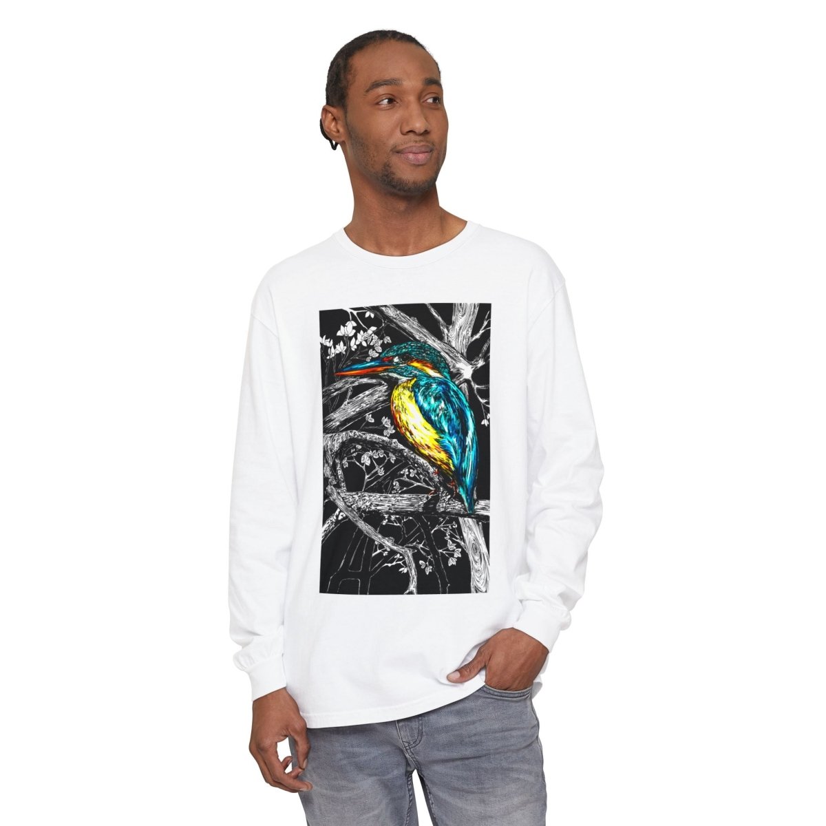 Vibrant Kingfisher Long Sleeve T-Shirt - Unisex Garment - Dyed - Curran Artworks