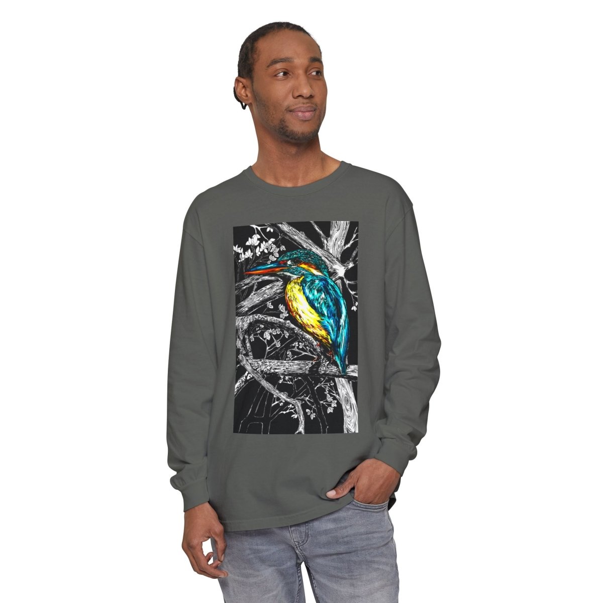 Vibrant Kingfisher Long Sleeve T-Shirt - Unisex Garment - Dyed - Curran Artworks