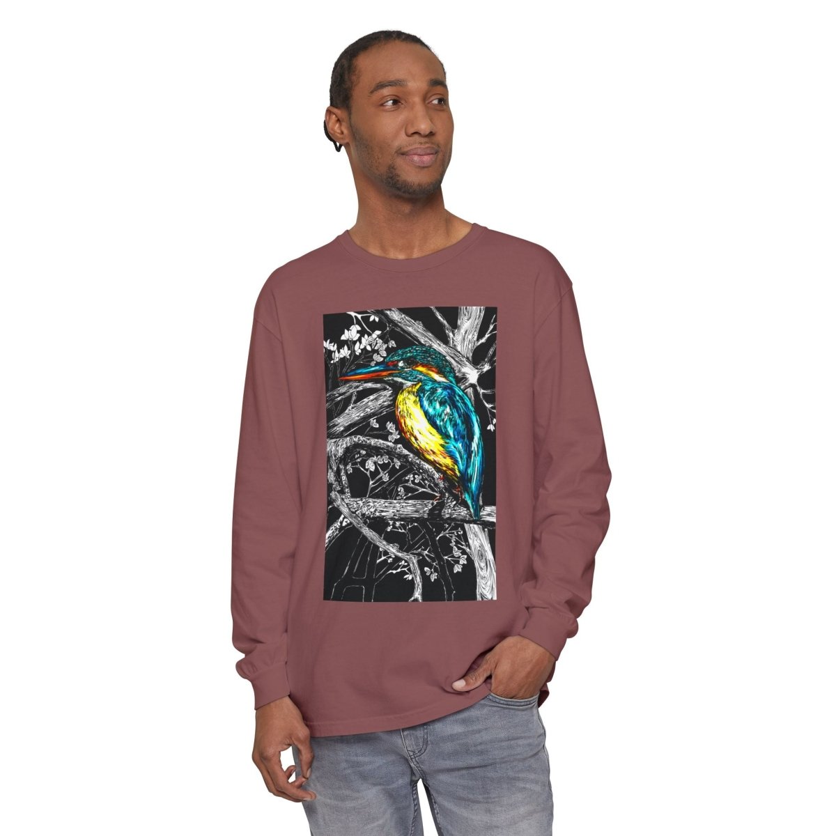 Vibrant Kingfisher Long Sleeve T-Shirt - Unisex Garment - Dyed - Curran Artworks