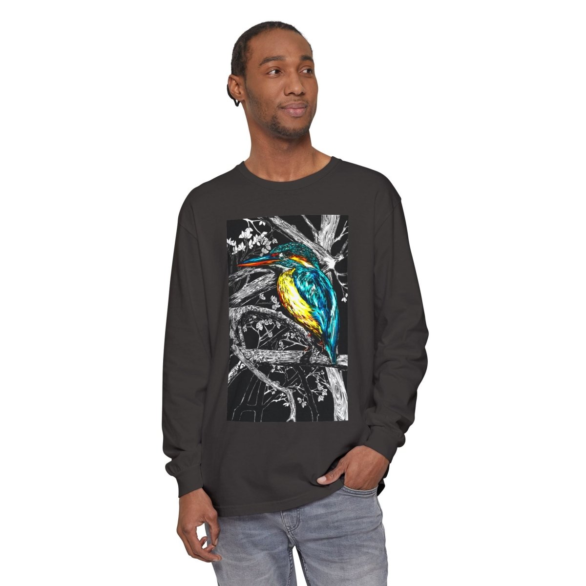 Vibrant Kingfisher Long Sleeve T-Shirt - Unisex Garment - Dyed - Curran Artworks