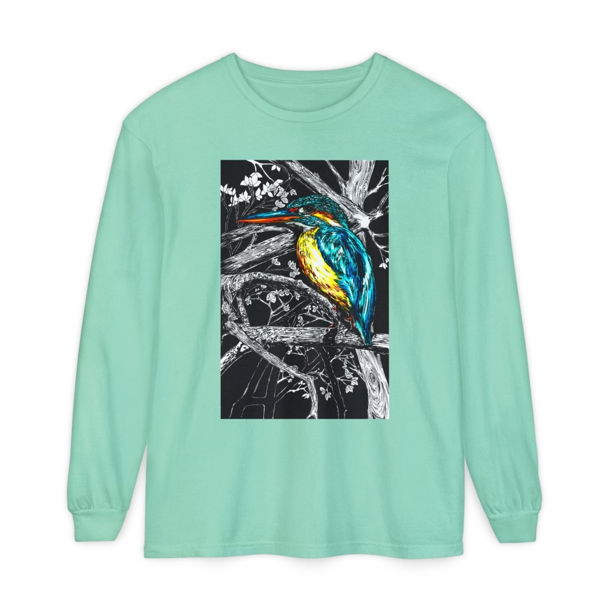 Vibrant Kingfisher Long Sleeve T-Shirt - Unisex Garment - Dyed - Curran Artworks