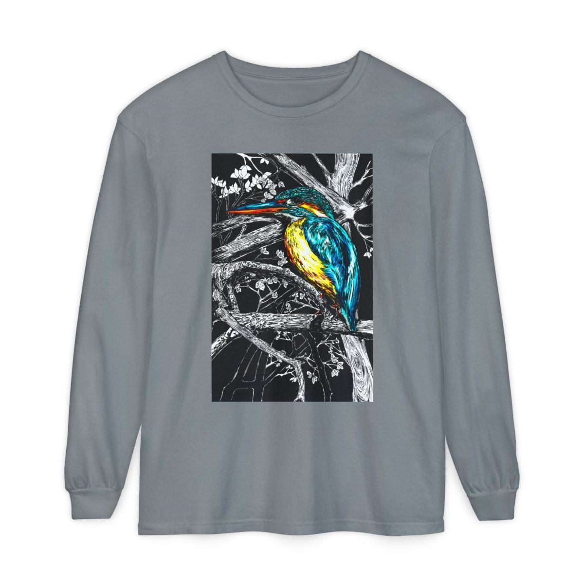 Vibrant Kingfisher Long Sleeve T-Shirt - Unisex Garment - Dyed - Curran Artworks