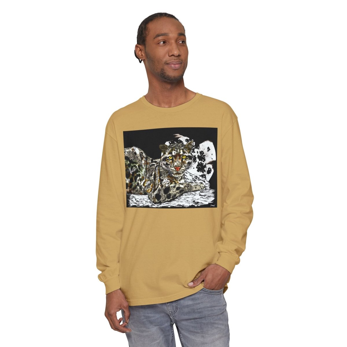 Wild Cat Art Long Sleeve T-Shirt - Unisex, Garment - Dyed, Nature Lover's Gift - Curran Artworks