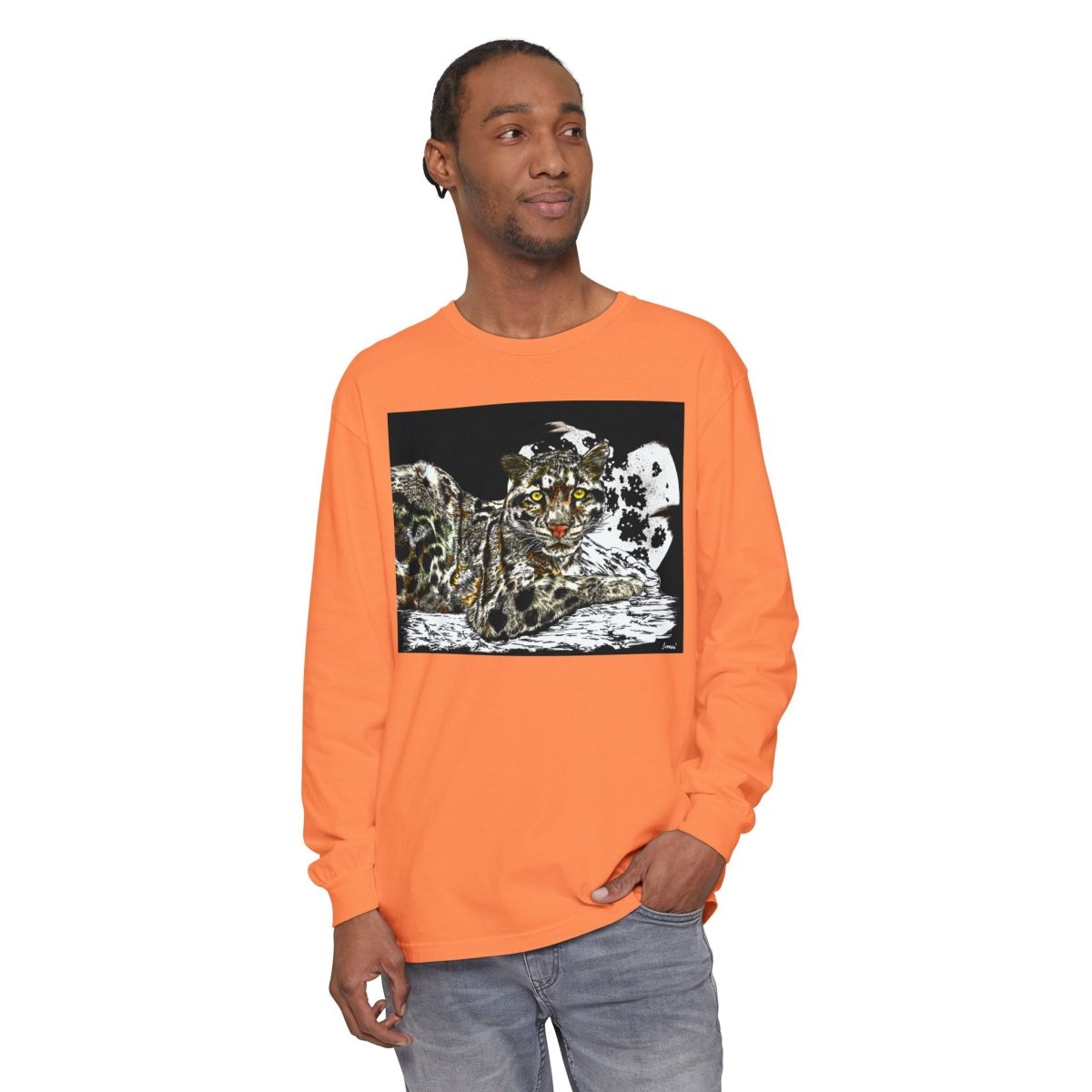 Wild Cat Art Long Sleeve T-Shirt - Unisex, Garment - Dyed, Nature Lover's Gift - Curran Artworks