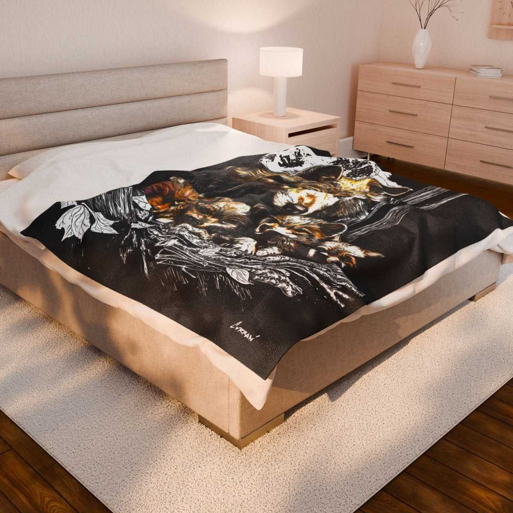 Wolf Family Velveteen Plush Blanket - Cozy Decor for Nature Lovers - Curran Artworks
