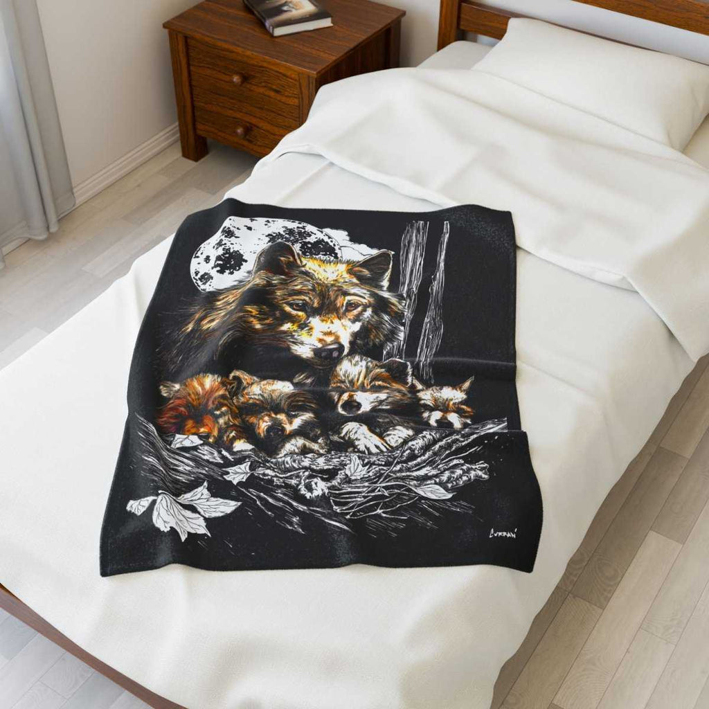 Wolf Family Velveteen Plush Blanket - Cozy Decor for Nature Lovers - Curran Artworks
