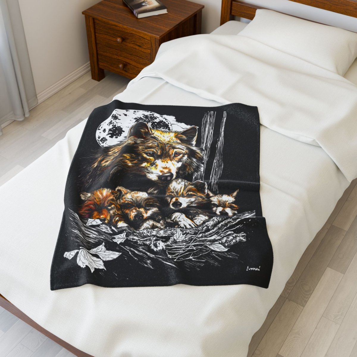 Wolf Family Velveteen Plush Blanket - Cozy Decor for Nature Lovers - Curran Artworks