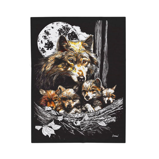 Wolf Family Velveteen Plush Blanket - Cozy Decor for Nature Lovers - Curran Artworks